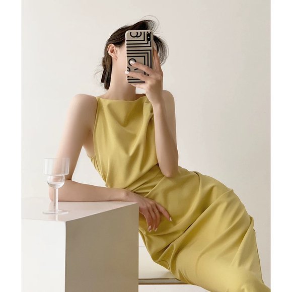 Elegant Yellow Draped Boat Neckline Midi Dress - Picture 4 of 10